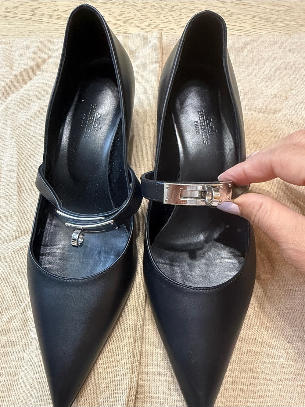 Hermes Black Leather Pointed Toe Mary Jane Pumps with Silver Buckle